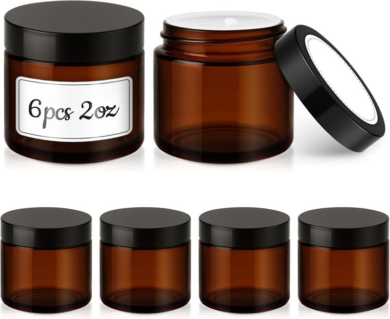 Tecohouse 2 oz Glass Jars with Lids, 6 Pack Amber Glass Jars with Black Lids Leakproof Round Airtight Empty Cosmetic Travel Containers with Inner Liners For Lotions Powders and Candle Making - Image 1